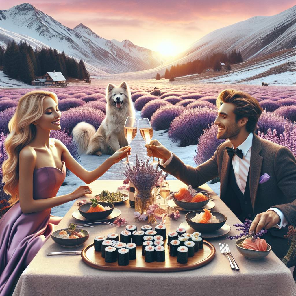 2) Valentines-day AI Generated Card - Snow covered mountains, Fancy dinner dates, Lavender flowers, Sushi, Dogs, and Long drives (93049)