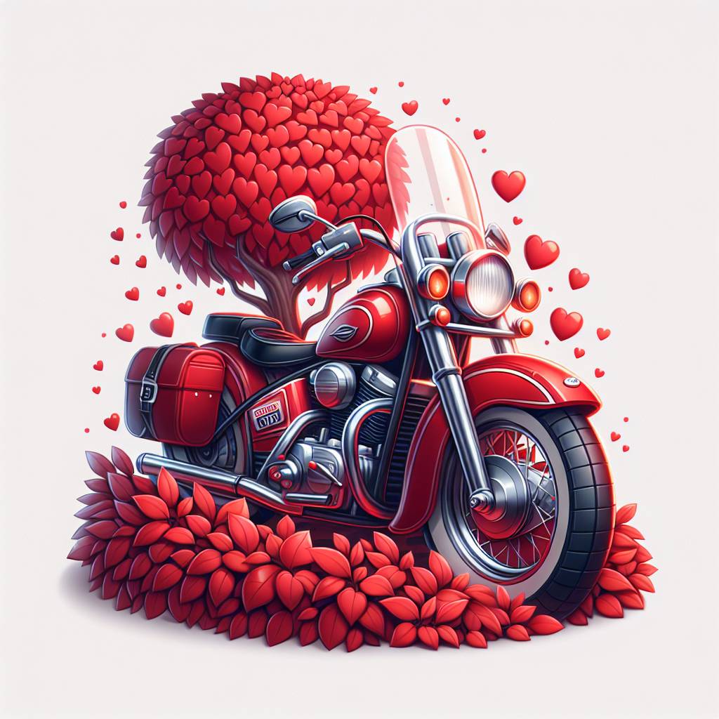 1) Valentines-day AI Generated Card - Red Harley Davidson Motor bike, and Registration V2 ODD, Tree red hearts (8dd7f)