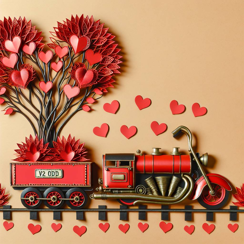 2) Valentines-day AI Generated Card - Red Harley Davidson Motor bike, and Registration V2 ODD, Tree red hearts (c5468)