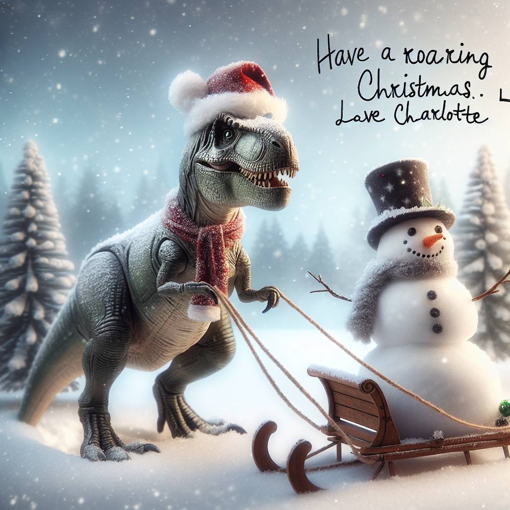 2) Christmas AI Generated Card - T-rex with a Christmas hat on, riding a sleigh with Olaf from frozen (9919f)