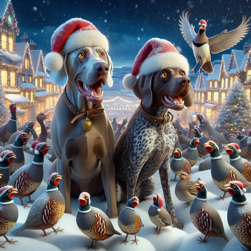2) Christmas AI Generated Card - a Weimaraner and German short hair pointer with Christmas hats with grouse and partridge   (7f855)