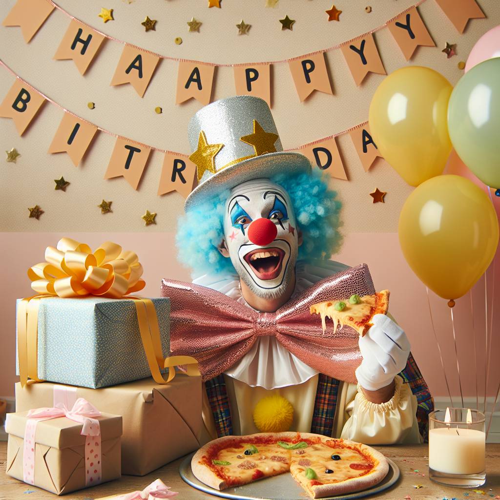 2) Birthday AI Generated Card - A clown eating a pizza (ac45d)
