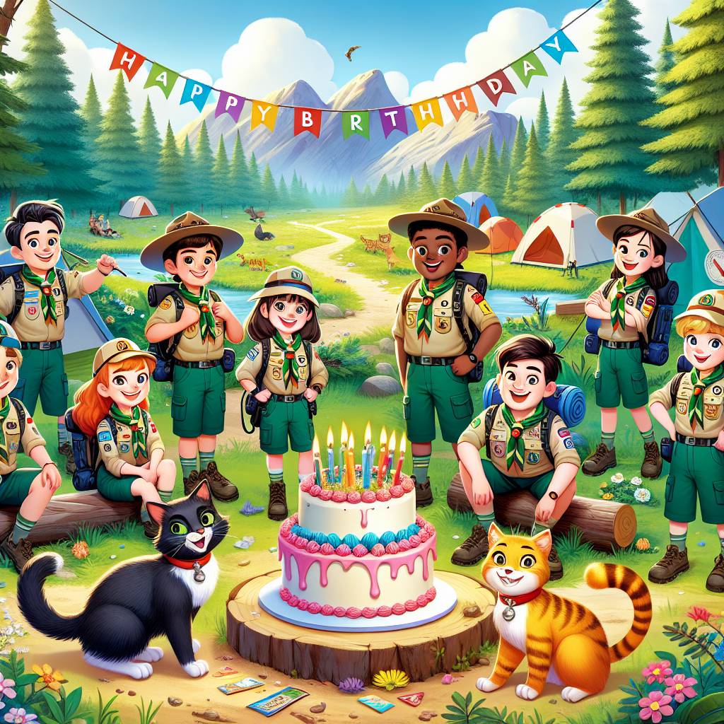 2) Birthday AI Generated Card - Scouts, Ginger cats, Black cats, Hiking , and Cake  (f5eab)
