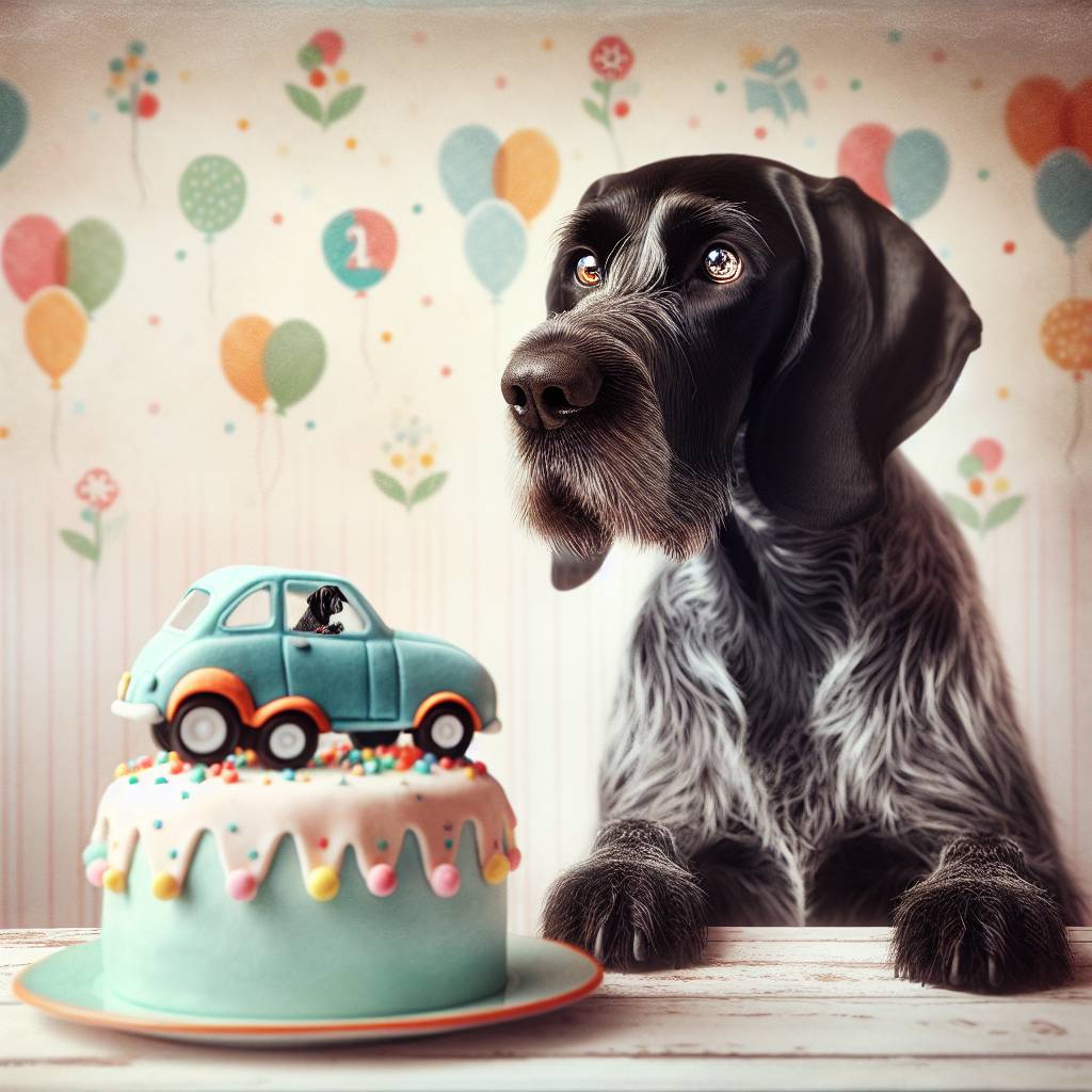 1) Birthday AI Generated Card - English pointer dog, black English pointer dog, rainbow, driving (0c374)