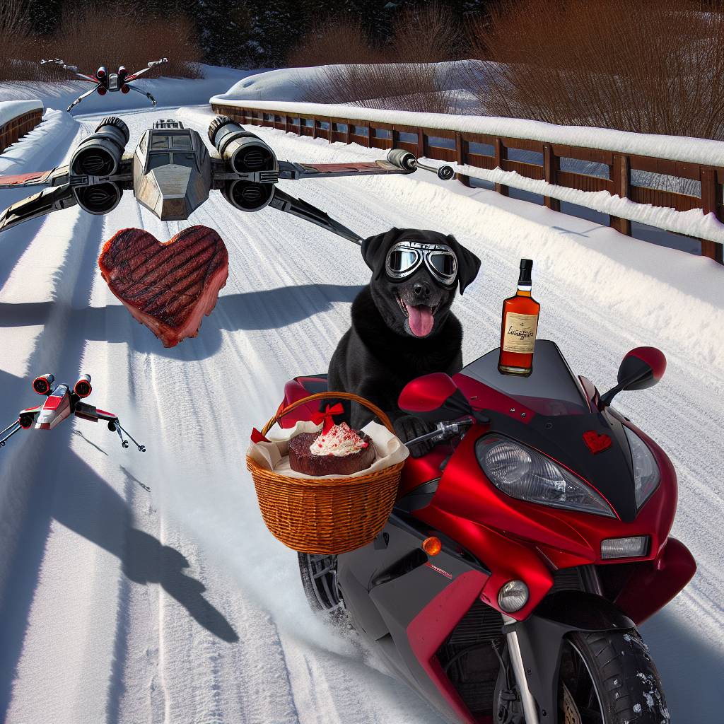 1) Valentines-day AI Generated Card - Black Labrador riding a red sports motorbike, Tyne bridge, X Wing, Whiskey, Vanilla ice cream, Heart shaped steak, and Snow (443b0)