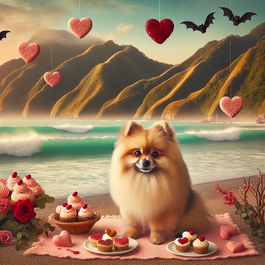 2) Valentines-day AI Generated Card - Pomeranian, Love, Dogs, Coast, Rolling hills, Heart shaped food, Waves, and Bats (bec97)