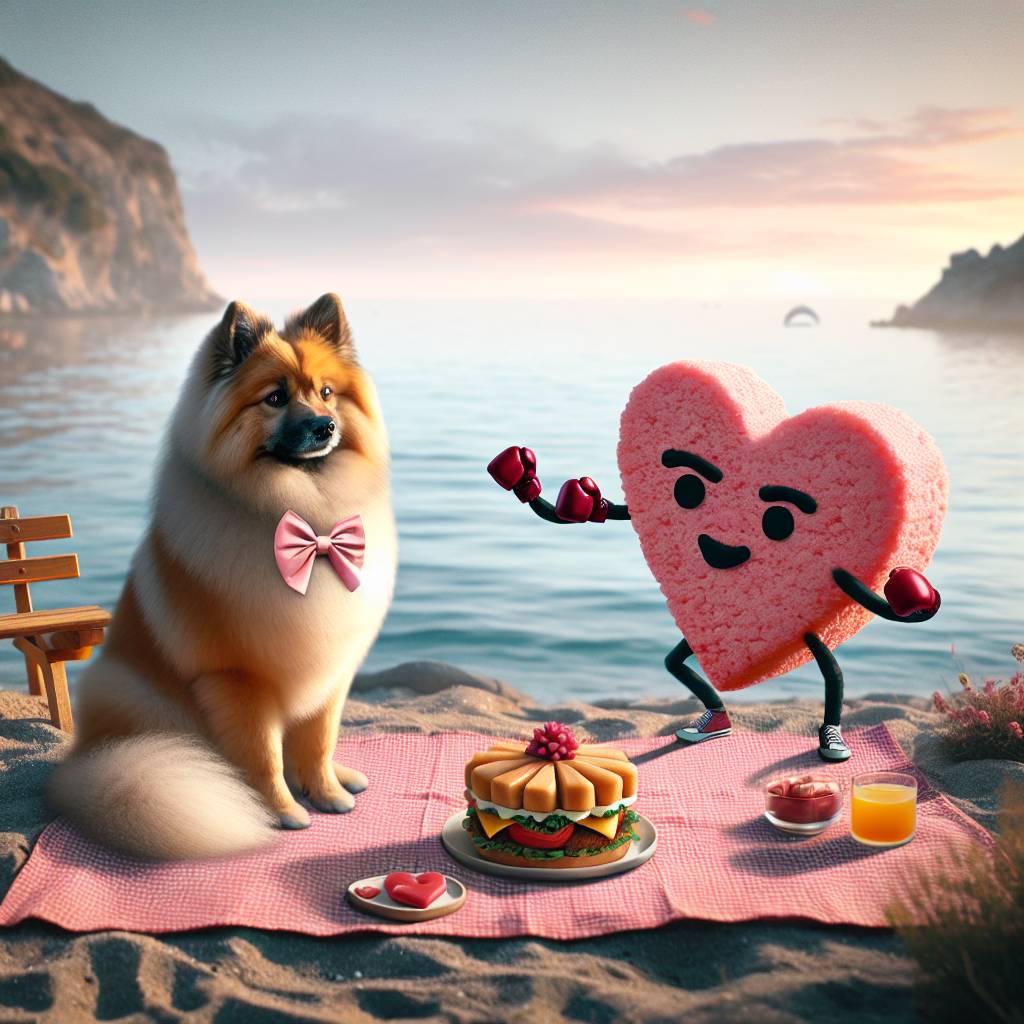 1) Valentines-day AI Generated Card - German spitz, Coast, Fight club, and Heart shaped food (b357f)