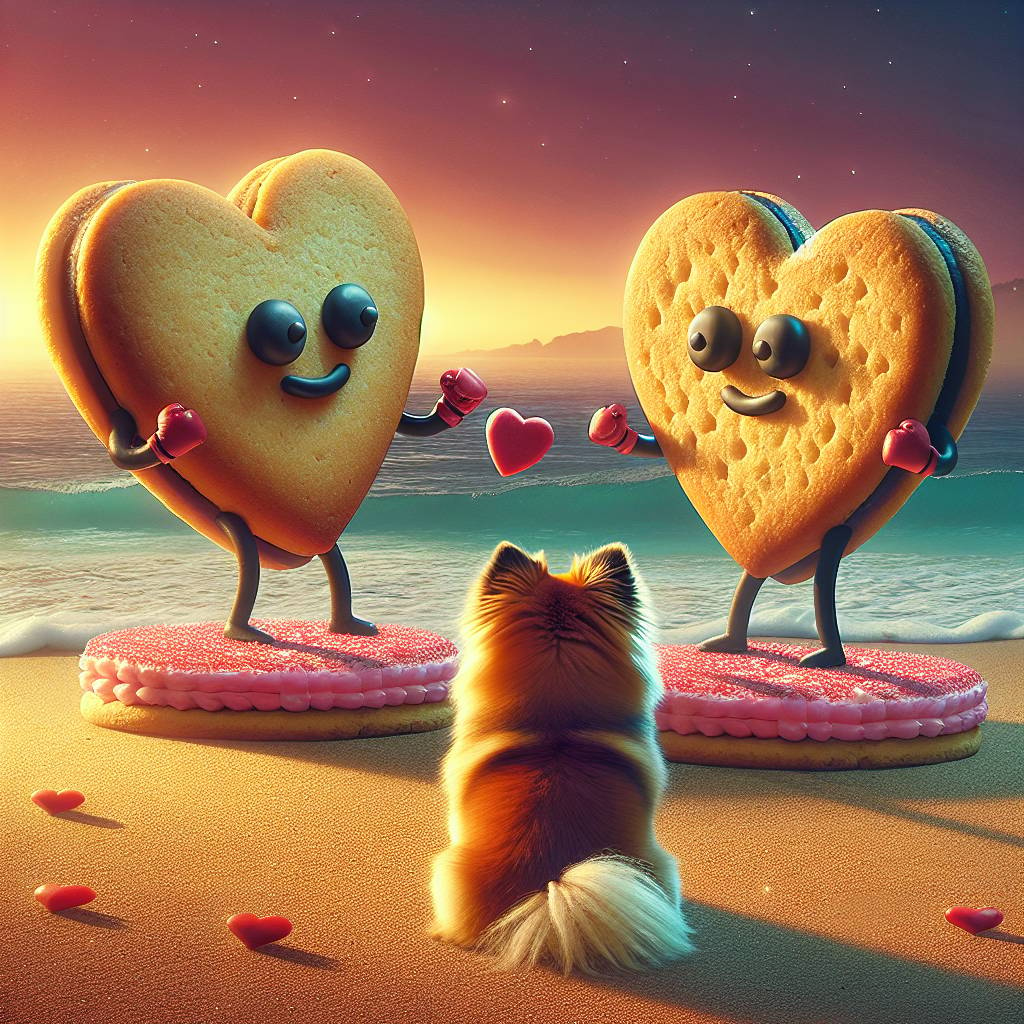 2) Valentines-day AI Generated Card - German spitz, Coast, Fight club, and Heart shaped food (ff7f2)