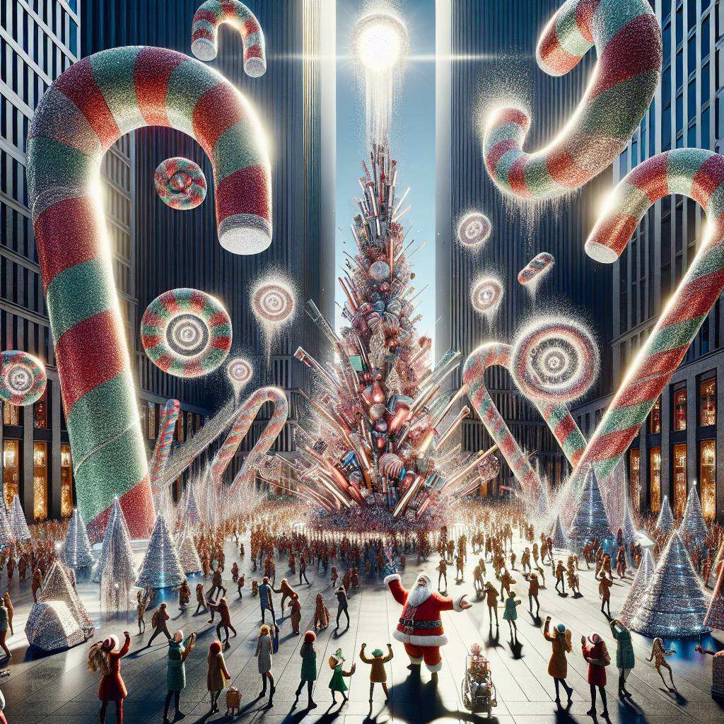 1) Christmas AI Generated Card - Party in the plaza, Santa and elves , Manchester , Media city, Presents , Christmas trees , Candy canes , and Snowflakes  (206df)