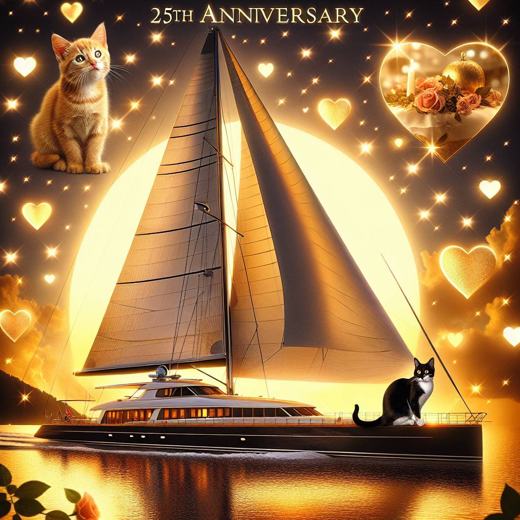2) Anniversary AI Generated Card - Mono hull Sailing yacht , 25 years, Hearts, Ginger cat, and Black, ginger and white cat (fe622)