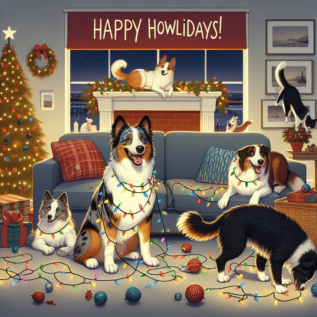 3) Christmas AI Generated Card - 2 Brown and white dog dogs, one blue Merle dog, one white dog, two black cats  (11b9d)