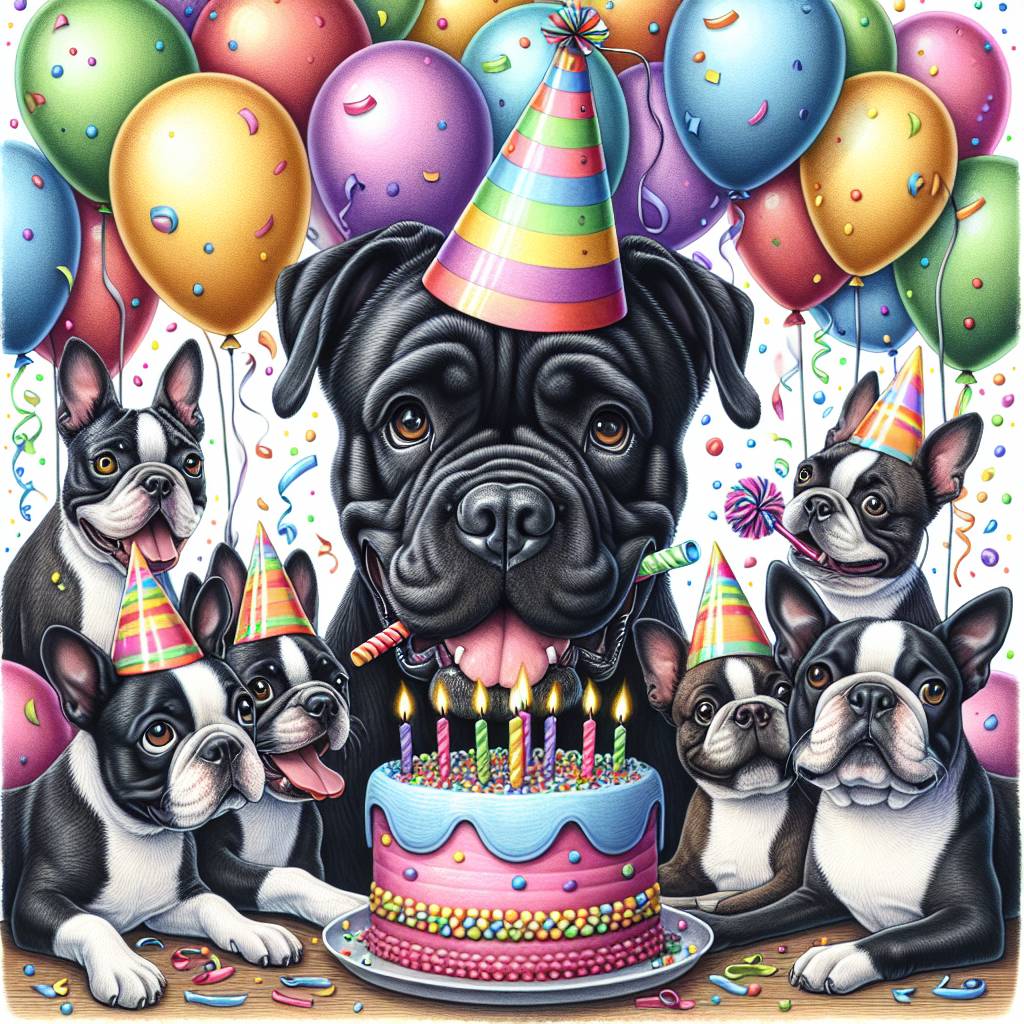 1) Birthday AI Generated Card - Black cane corso, Boston terrier, Fun, Cute, and Party (8bf7e)