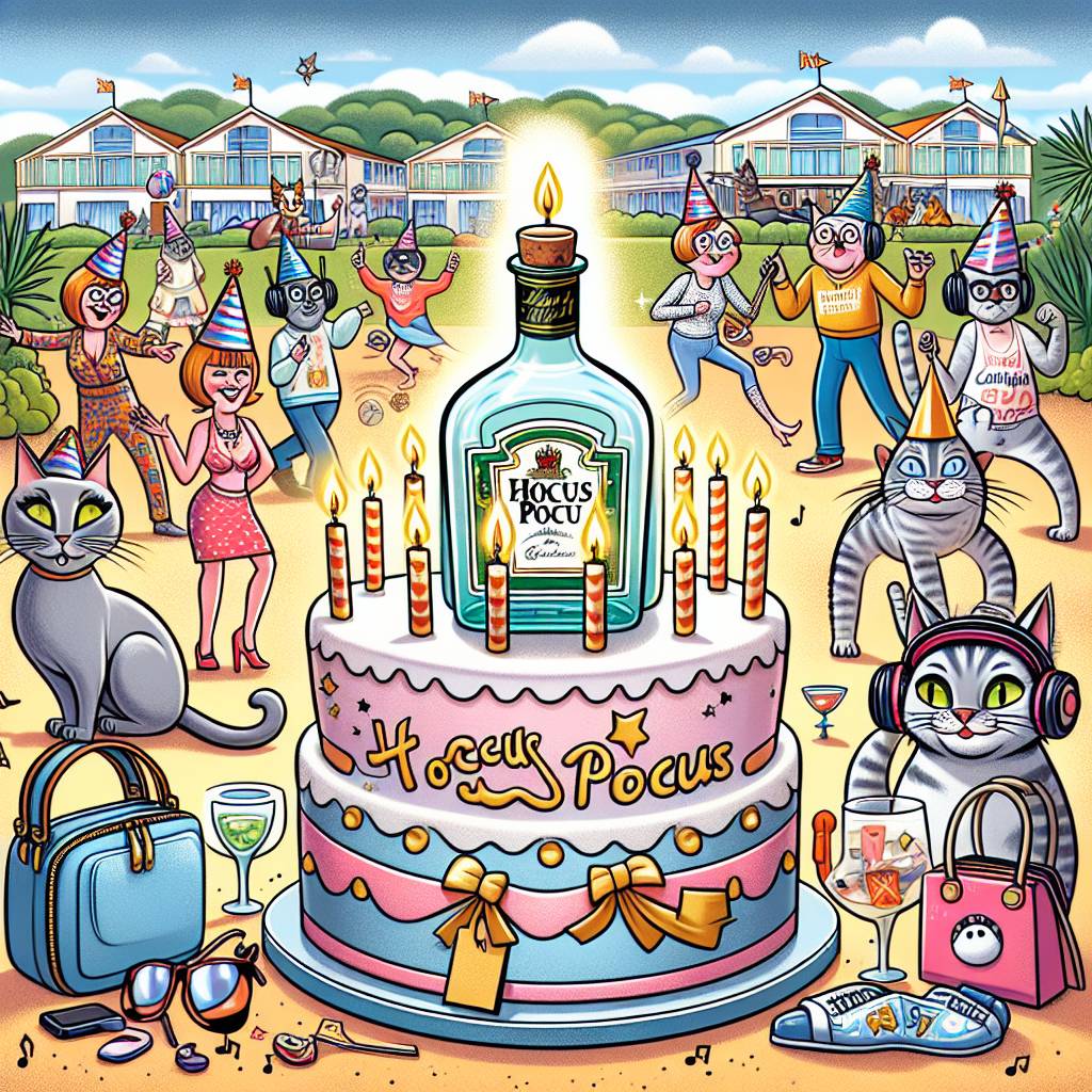1) Birthday AI Generated Card - Gin, Hocus pocus, Cats, Handbags, Butlins, and Silent disco (b14f8)