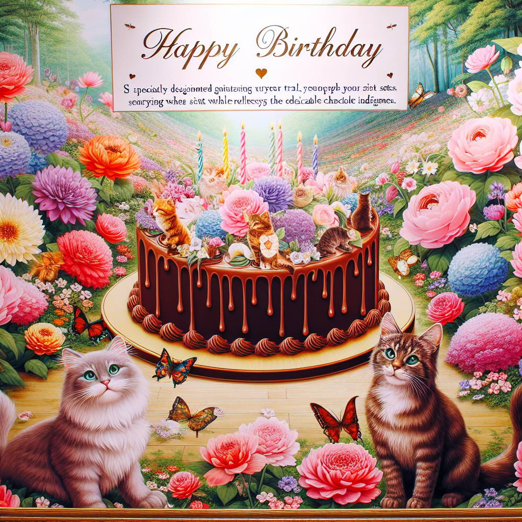 2) Birthday AI Generated Card - Flowers, Cats, Chocolate, and Walking (69966)