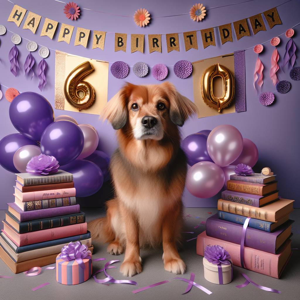 1) Birthday AI Generated Card - Brown smooth hair dog, Purple, 60, and Books (4c512)