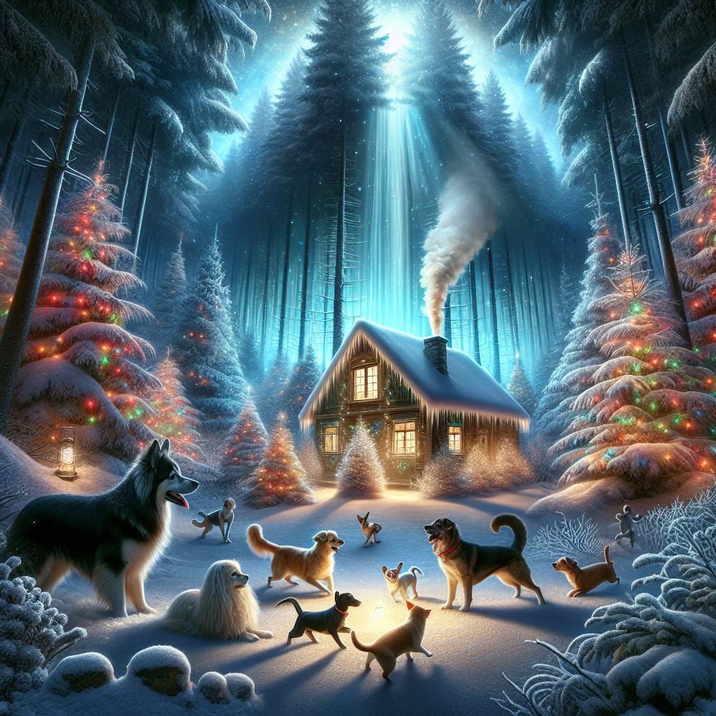 1) Christmas AI Generated Card - Mystery glow Snow Forest House pets (726dd)
