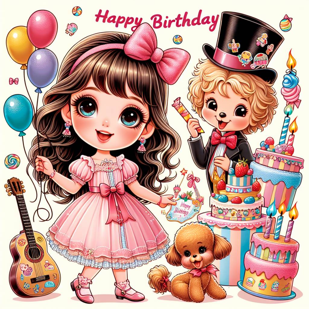 2) Birthday AI Generated Card - 5 year old girl with dark blonde hair and curtain bangs, Willy wonka, Red mini poodle, and Guitar (7cd90)