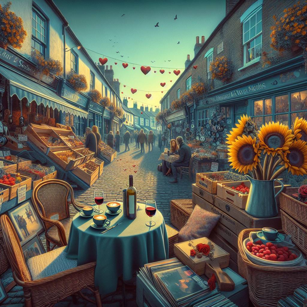 2) Valentines-day AI Generated Card - Table set for two outside a café, Vinyl records stall, English market town street, Fruit and vegetable stall, Love, Sunflowers, Blue sky, Cappuccino, Red wine, and Charity shops (c6ba2)