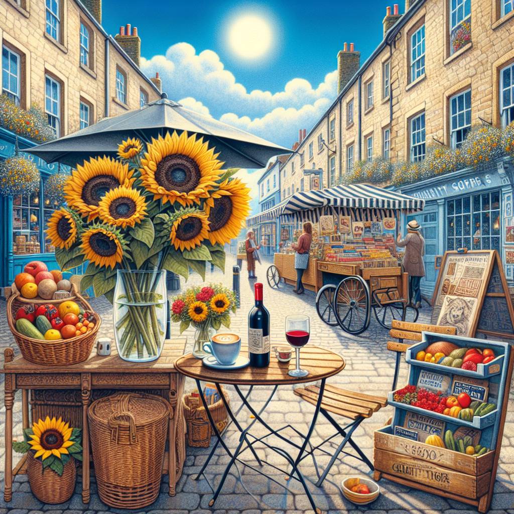 1) Valentines-day AI Generated Card - Table set for two outside a café, Vinyl records stall, English market town street, Fruit and vegetable stall, Love, Sunflowers, Blue sky, Cappuccino, Red wine, and Charity shops (20e0f)