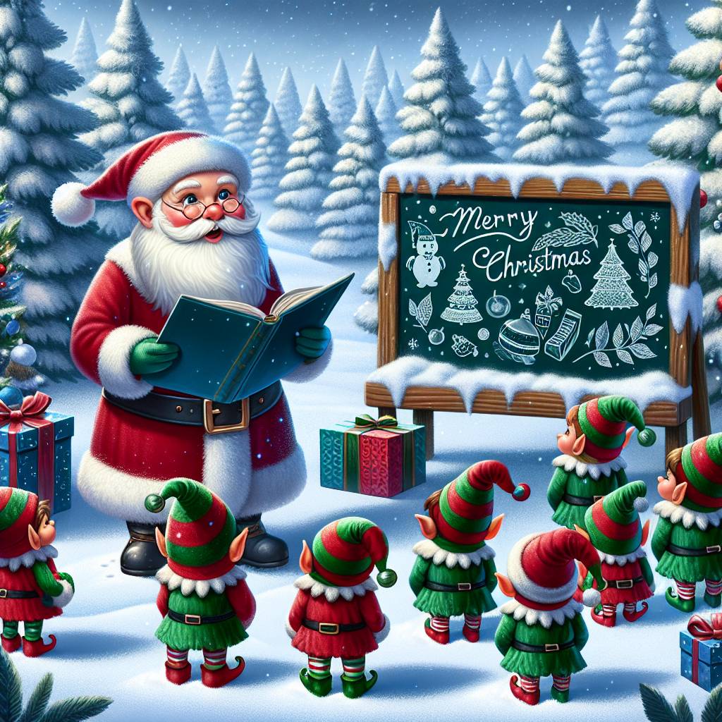 2) Christmas AI Generated Card - santa teaching a class/presents/elves/green trees/ (249e6)