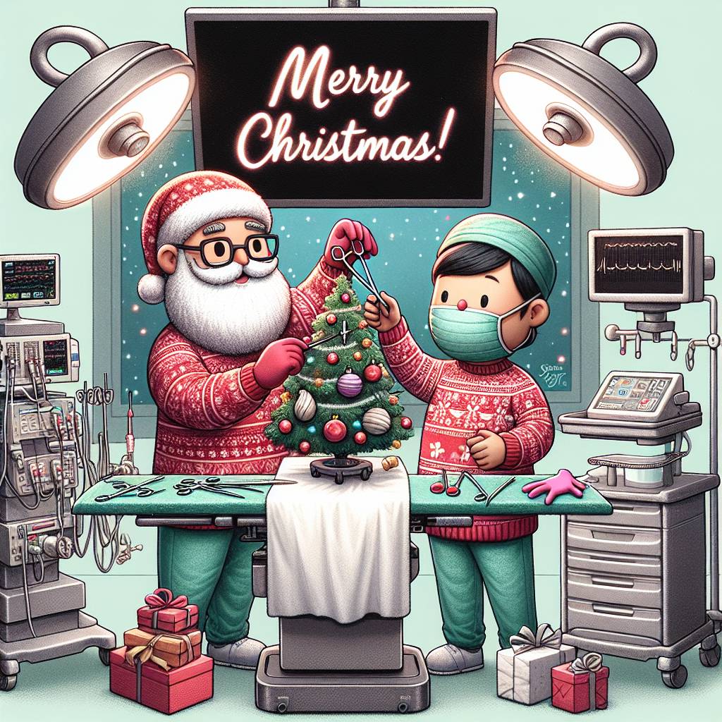 4) Christmas AI Generated Card - Surgeon, Nurse, Operating room, and Christmas tree (fa018)