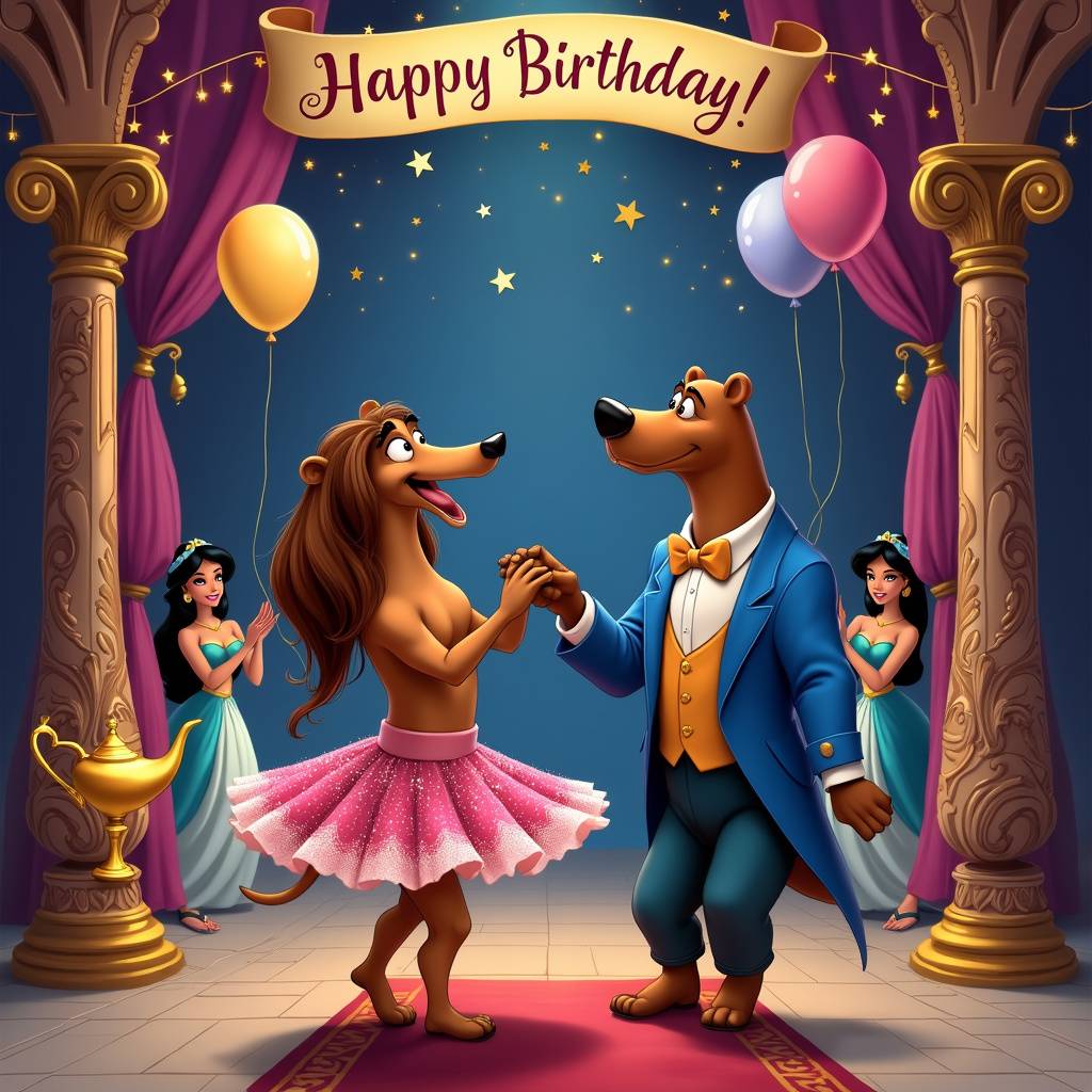 2) Birthday AI Generated Card - Sausage dog ballerina dancing with a bear, Birthday , Funny, Look human like, Dancing on a Disney Aladdin set , Bear has slick back brown hair, and Dog has long brown hair (dee94)