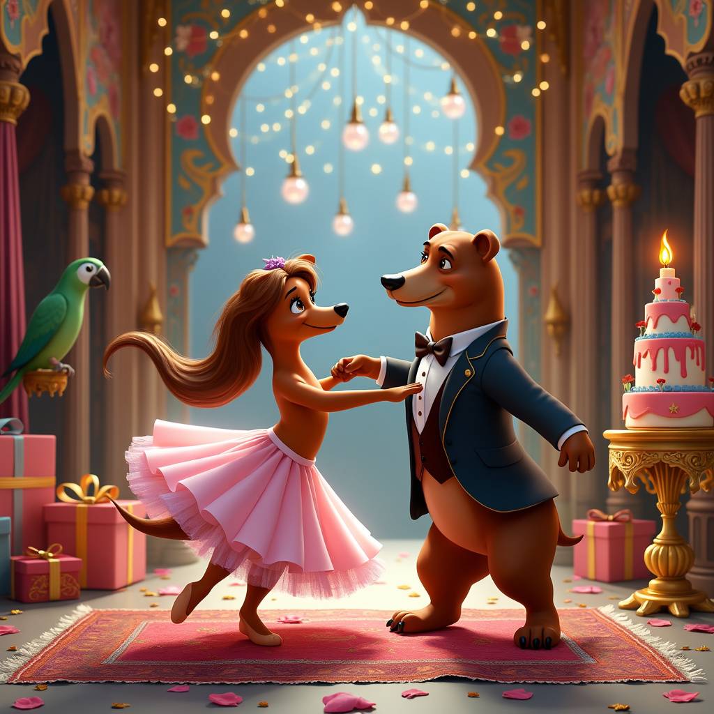 1) Birthday AI Generated Card - Sausage dog ballerina dancing with a bear, Birthday , Funny, Look human like, Dancing on a Disney Aladdin set , Bear has slick back brown hair, and Dog has long brown hair (2a06d)