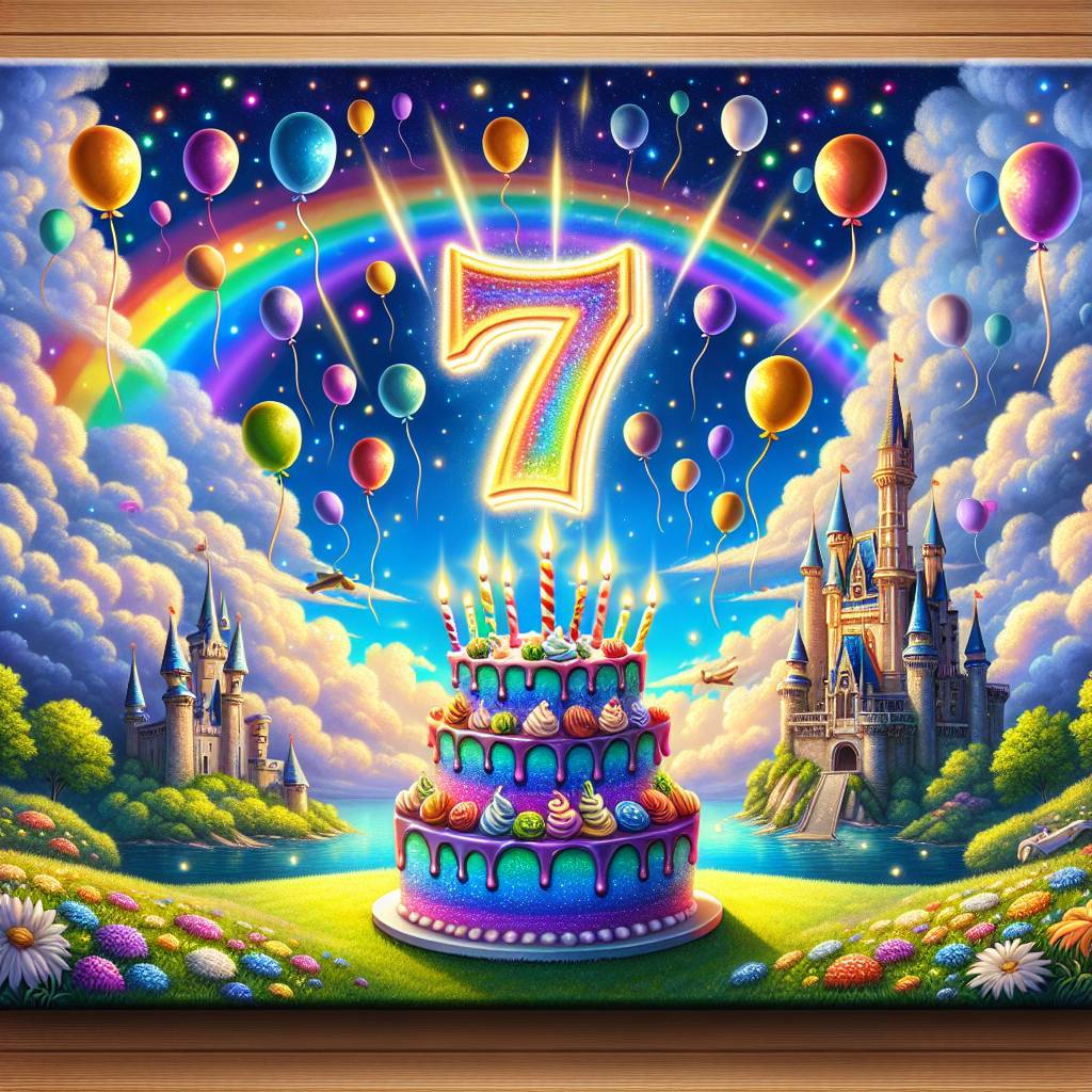 1) Birthday AI Generated Card - 7, Sky full of bright balloons , Rainbows , Colourful , Birthday cake , and Fairytale Castle (37b5c)