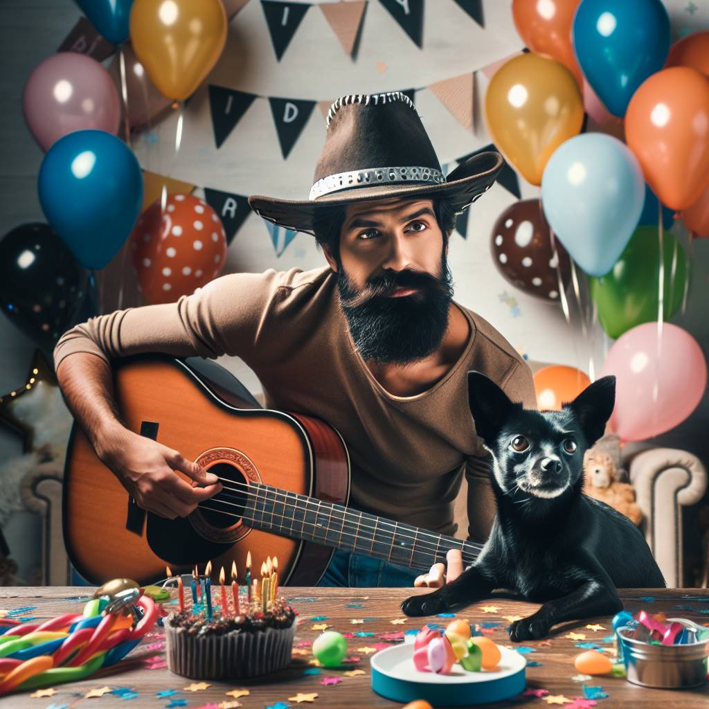 1) Birthday AI Generated Card - A slim man with a beard and a cowboy hat. He has a guitar and a small black dog (1093e)