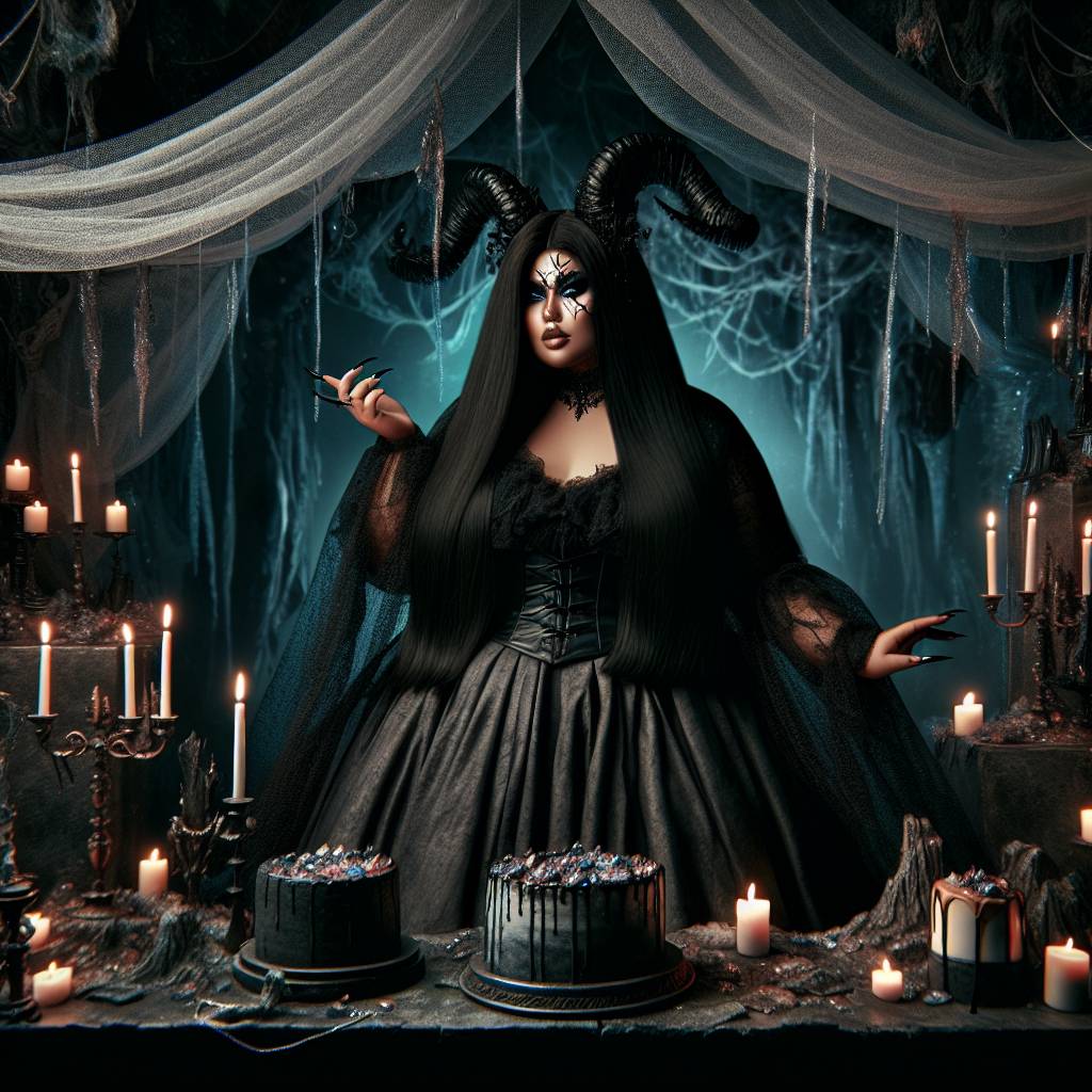 1) Birthday AI Generated Card - Plus size human female, Long straight black hair, Cracked black eye makeup, Black horns, Noble, Dungeon, Dark fantasy, and Mage (74ff8)