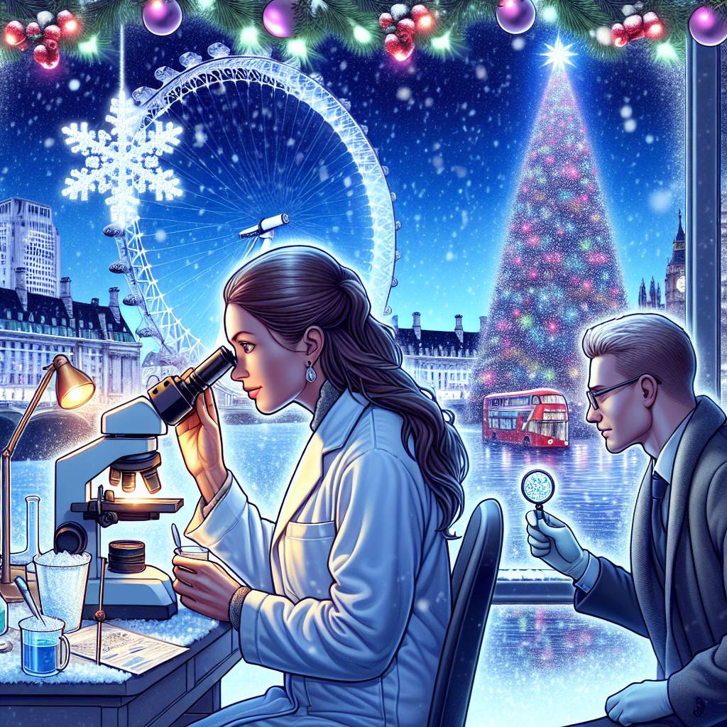 3) Christmas AI Generated Card - Male forex trader with white skin and brown short hair, Female scientist with white skin and long brown hair, and Snowy London (a079b)