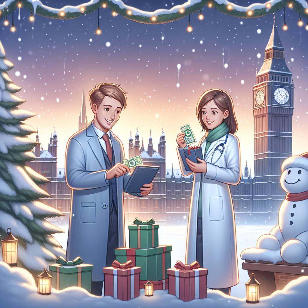 1) Christmas AI Generated Card - Male forex trader with white skin and brown short hair, Female scientist with white skin and long brown hair, and Snowy London (b78cc)
