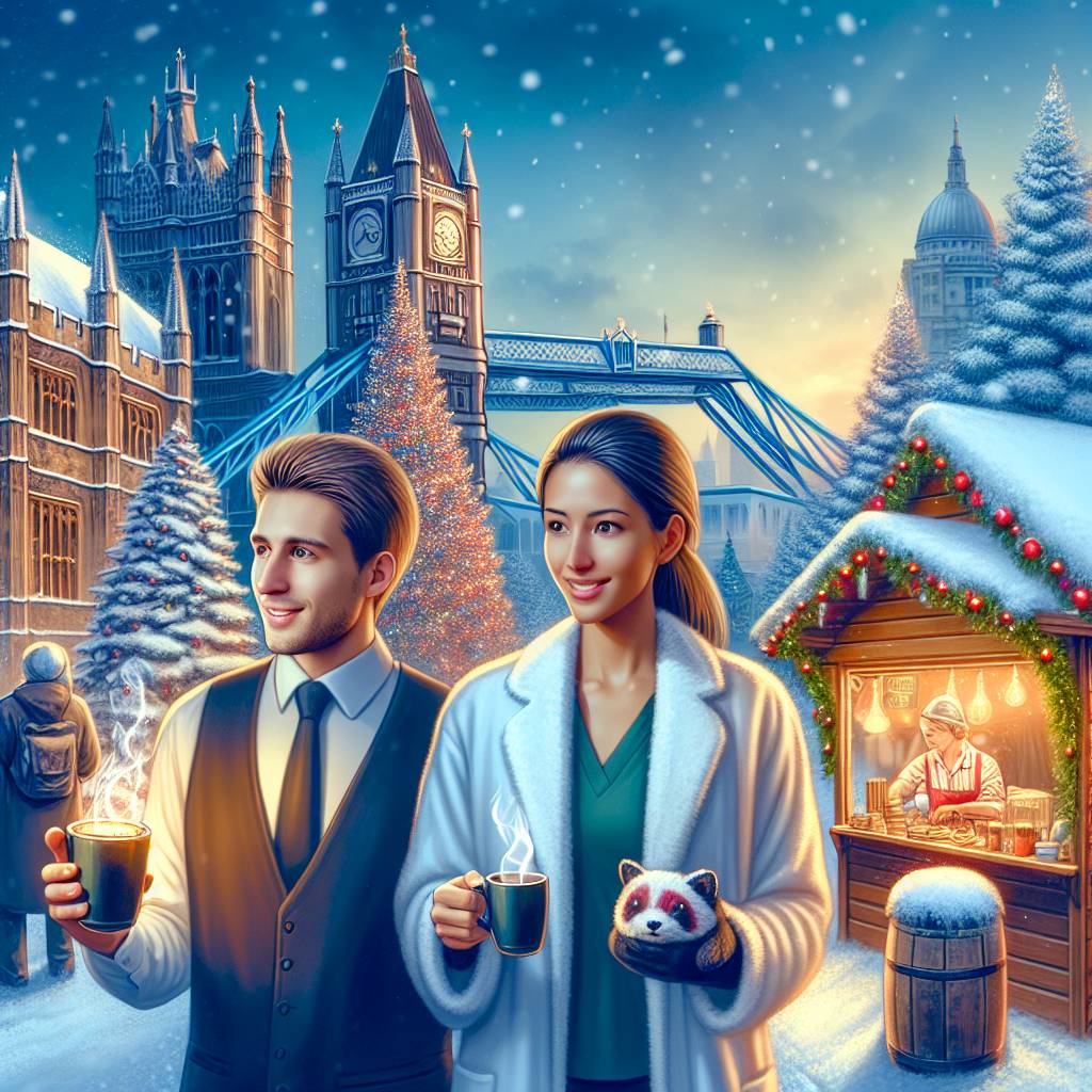 4) Christmas AI Generated Card - Male forex trader with white skin and brown short hair, Female scientist with white skin and long brown hair, and Snowy London (a9d1d)