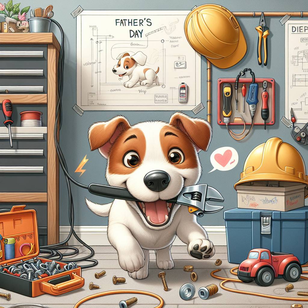 2) Fathers-day AI Generated Card - Electrican dad , Jack Russell stealing tools, and Tri colour jack Russell  (9e4a9)