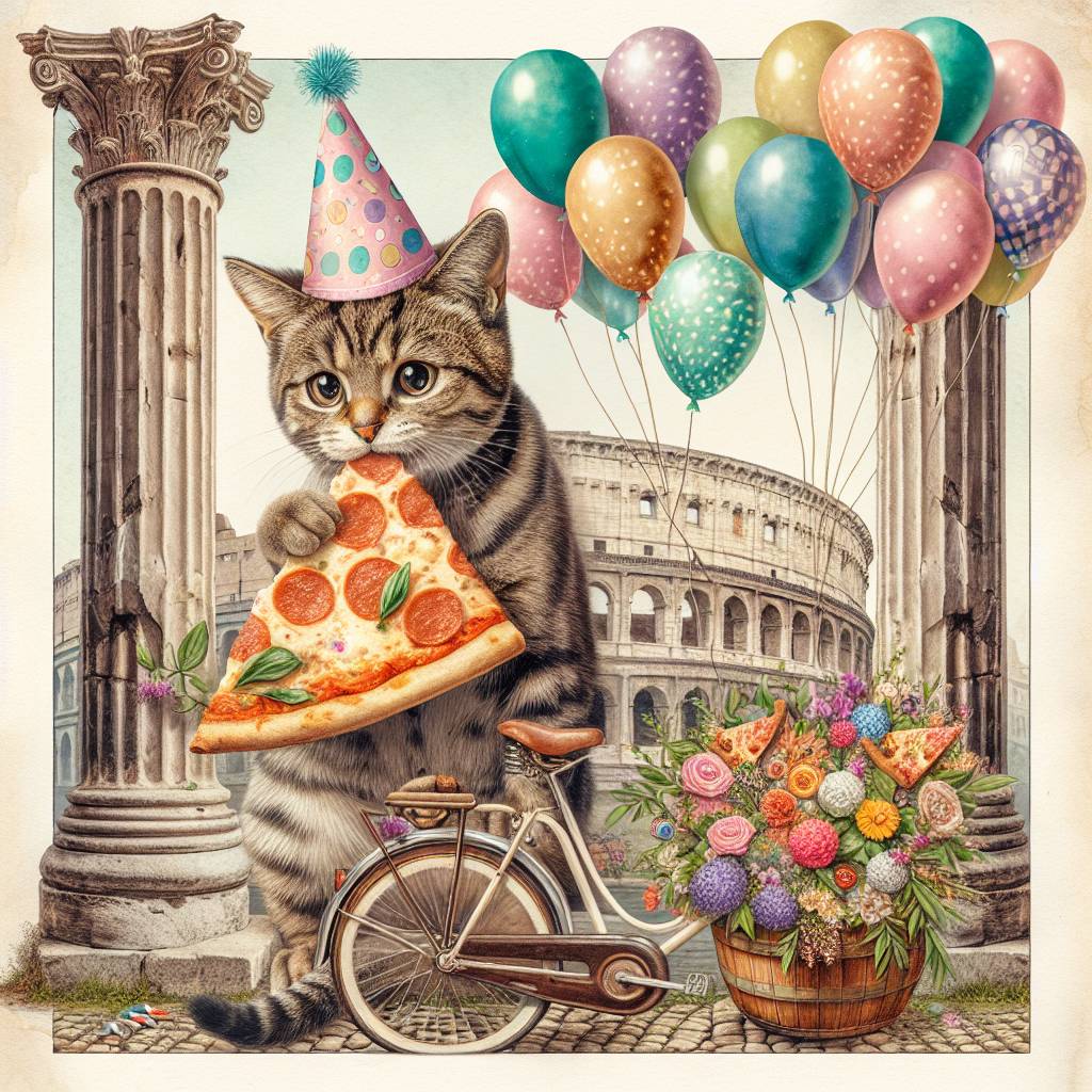 1) Birthday AI Generated Card - Cat, Pizza, Rome, and Bicycle (cc971)