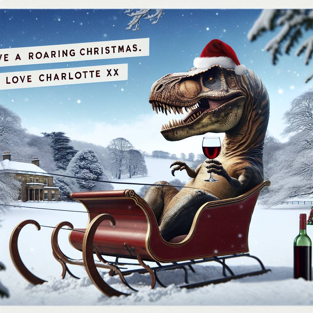 2) Christmas AI Generated Card - T-rex with a Christmas hat on, riding a sleigh with glass of red wine in one hand and a bottle of wine in the other hand (e4f76)