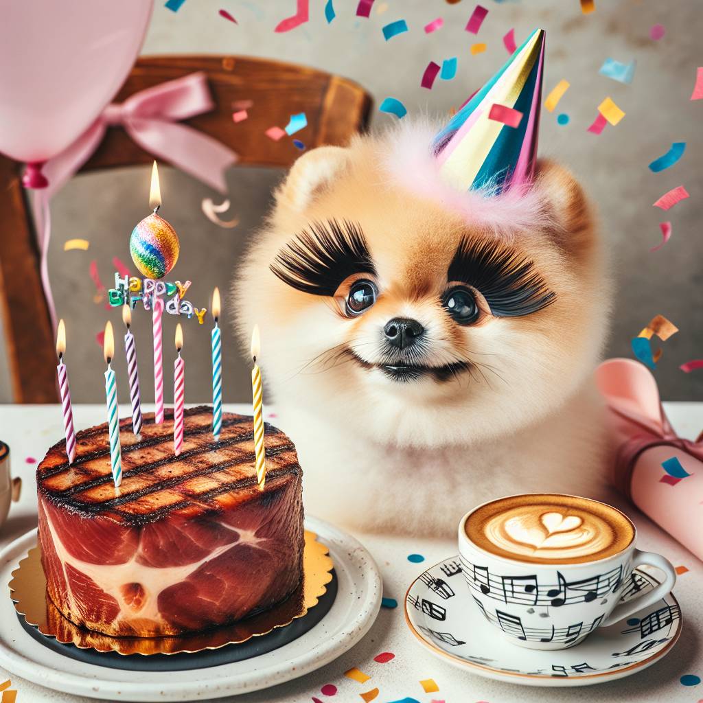 1) Birthday AI Generated Card - Boo Pomeranian, Fake eyelashes, Starbucks?, Rare steak, Music, and Being crazy (3006b)