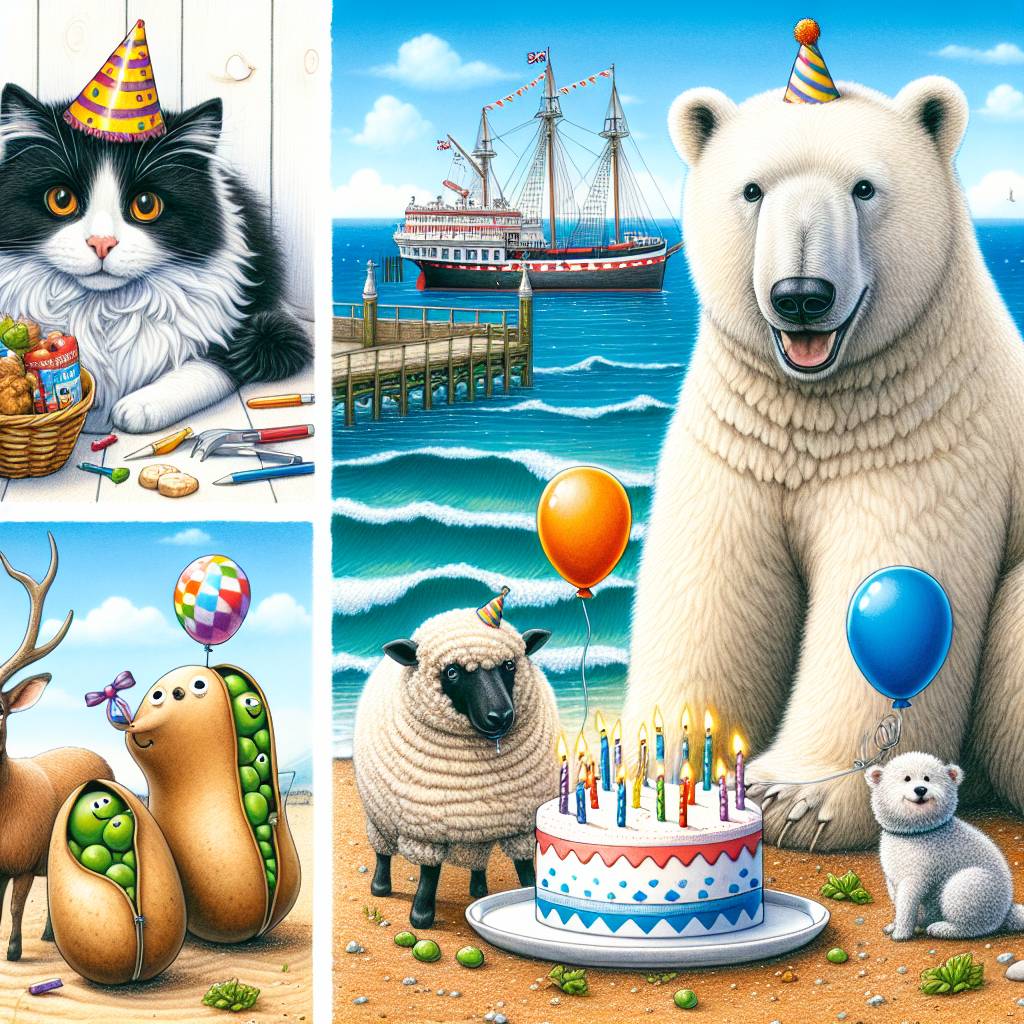 2) Birthday AI Generated Card - Black & white cat, sheep, Sheltie dog, polar bear, potatoes and peas, England seaside (245da)