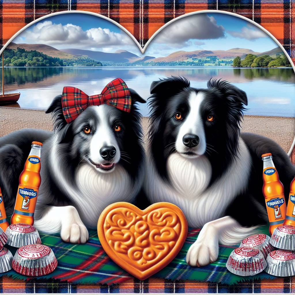 2) Valentines-day AI Generated Card - Two smooth border collies, Windermere, Irn bru, Tunnocks tea cakes, and Tartan (589a8)