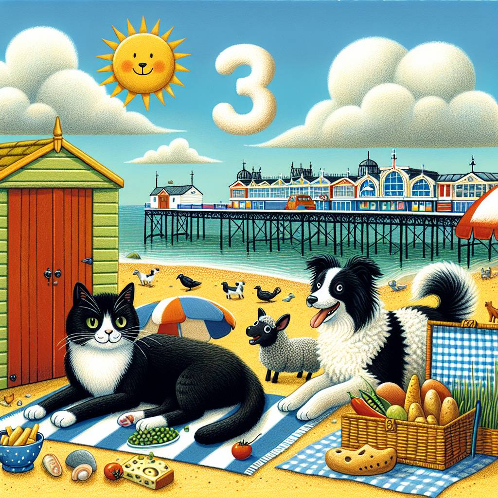 1) Birthday AI Generated Card - Black & white cat, sheep, border collie, potatoes and peas, England seaside, “33“ (9af75)