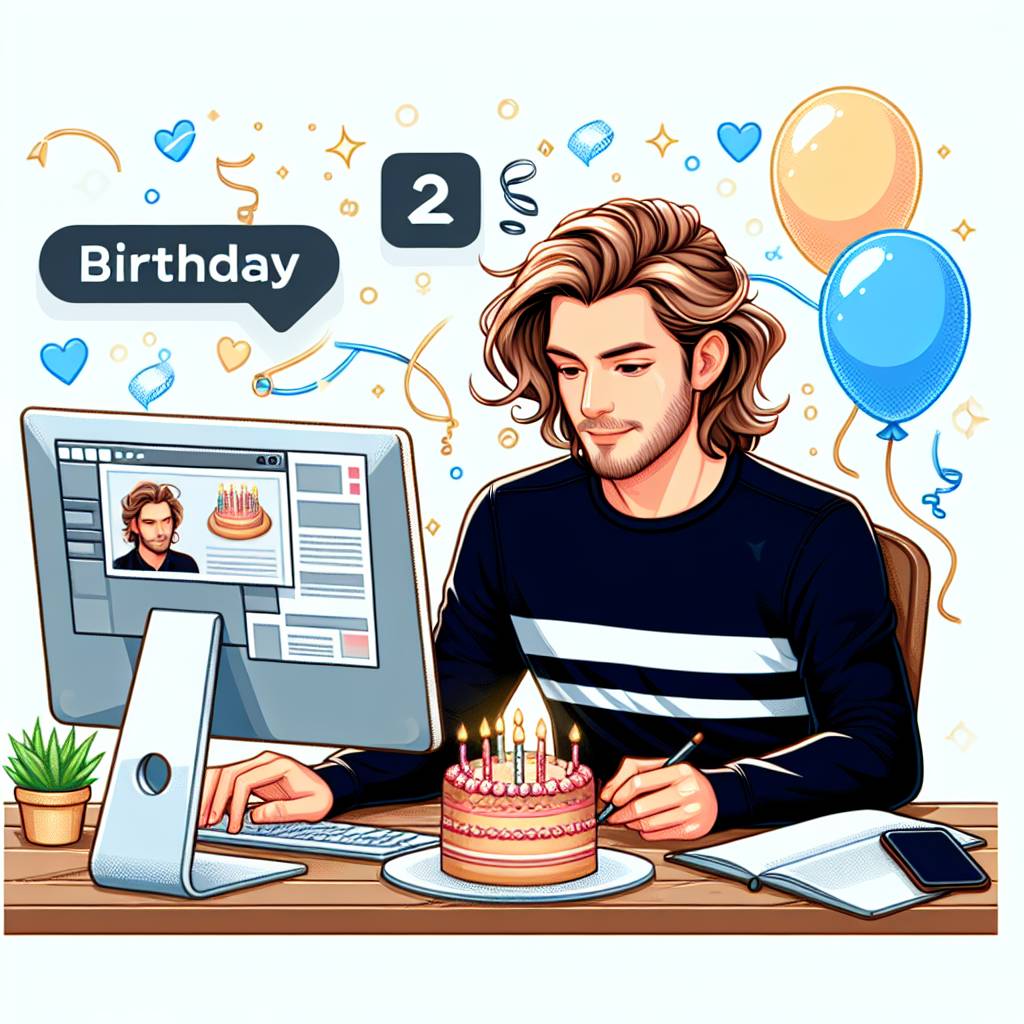 1) Birthday AI Generated Card - Swoopy Hair, Navy Stripey Top, and Working at a Computer (571ba)