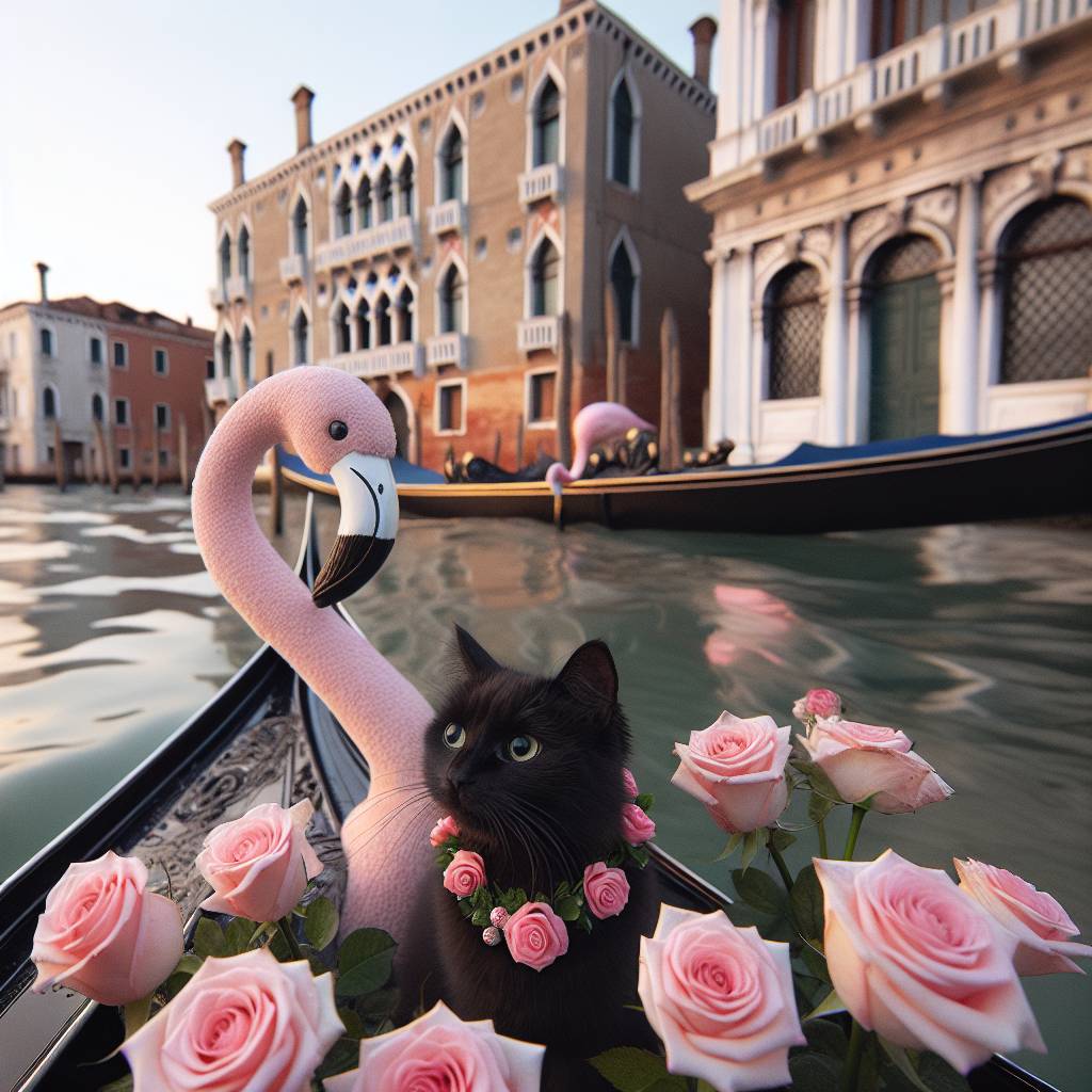 2) Valentines-day AI Generated Card - Black cat, Roses, Flamingo, and Venice (4de9e)