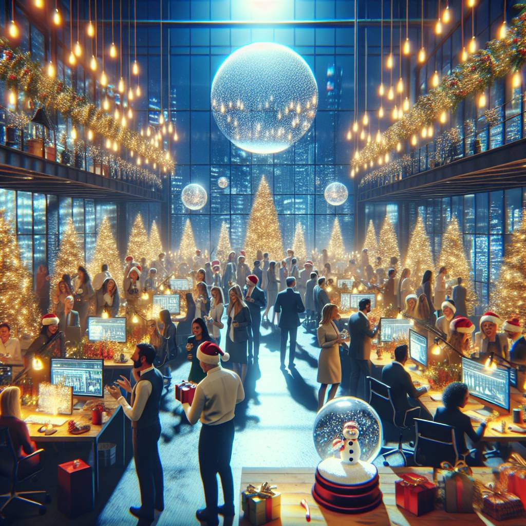 4) Christmas AI Generated Card - Christmas office party, Illuminated trees, Manchester, Media city, Illuminations, Presents, Christmas crackers, and Tiny snowglobe (febd7)