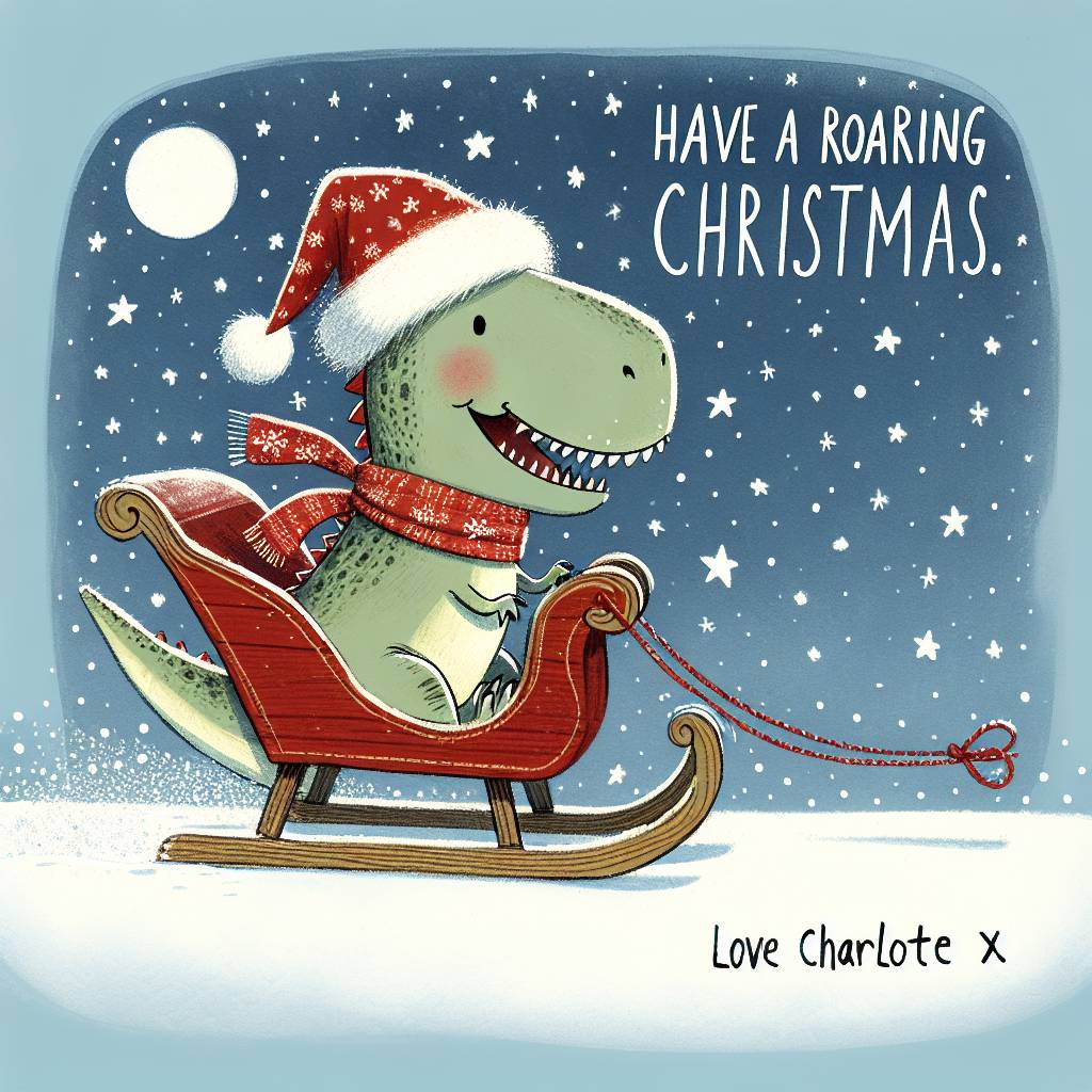 1) Christmas AI Generated Card - T-rex with a Christmas hat on, riding a sleigh (f8ff9)