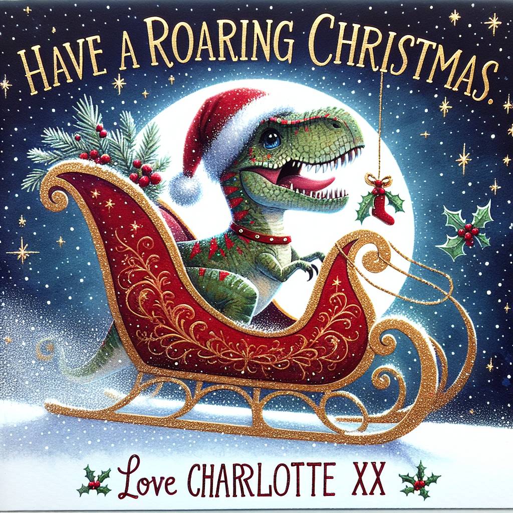3) Christmas AI Generated Card - T-rex with a Christmas hat on, riding a sleigh (704d1)