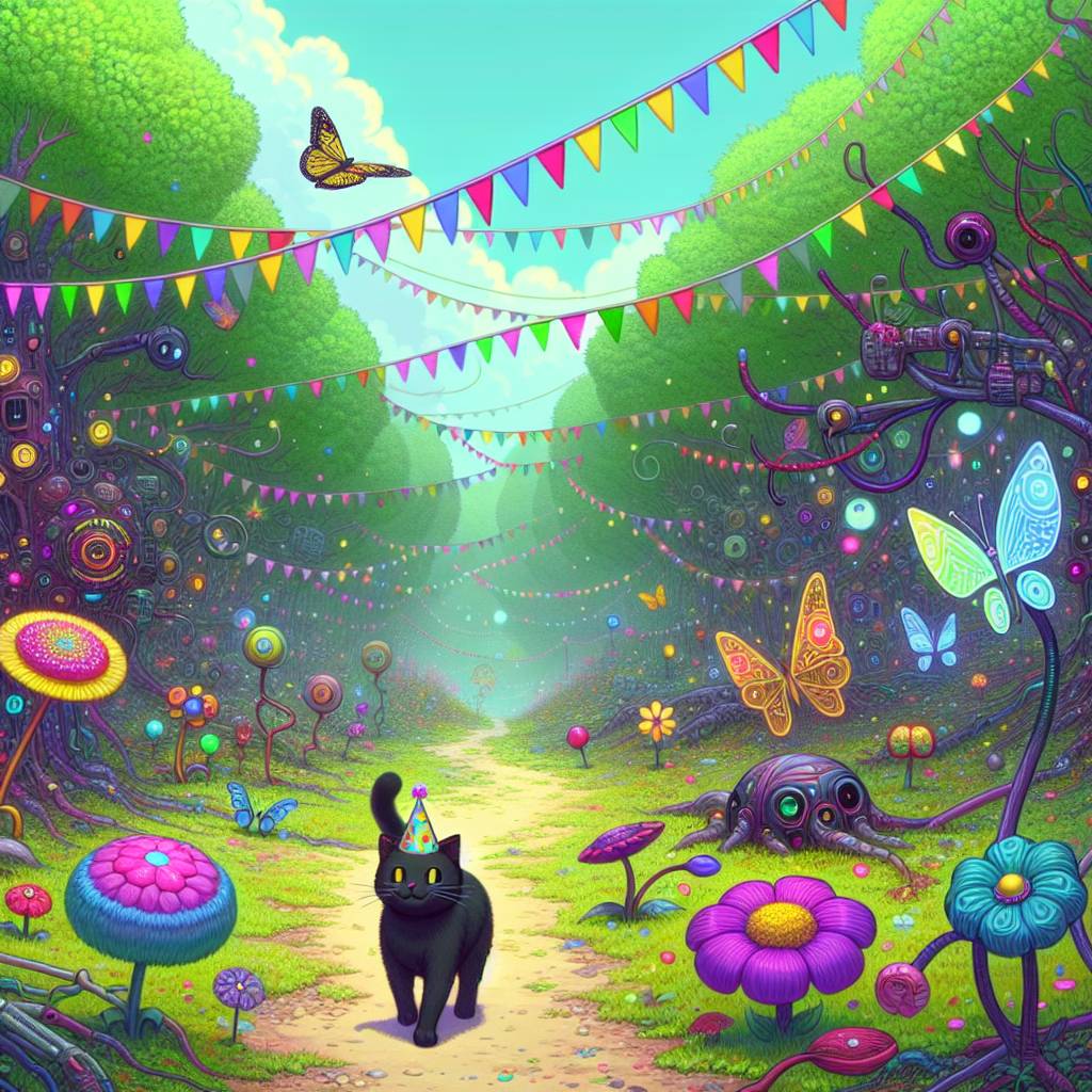 2) Birthday AI Generated Card - Black cat, Tech, Walking, and Nature (bea3f)