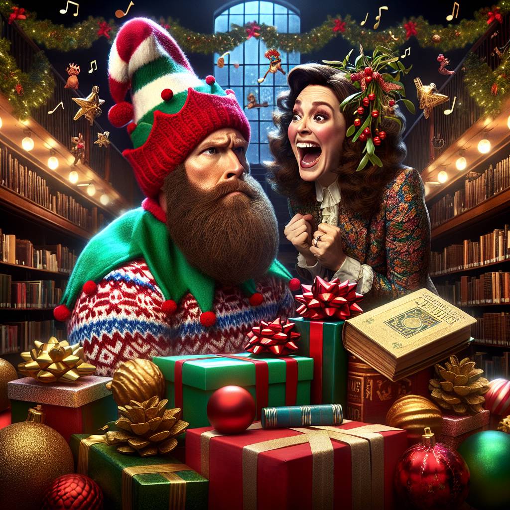 1) Christmas AI Generated Card - In library. Large white man WITH NO BEARD. Totally bald. With a 35-year-old Hispanic female with brown hair and blond streaks. (c9c54)