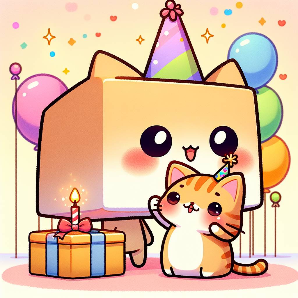 1) Birthday AI Generated Card - The characters from Lankybox petting a very Kawaii looking ginger cat. (c6790)