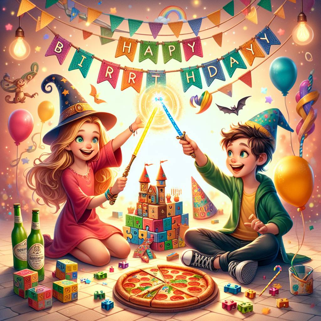 2) Birthday AI Generated Card - Her daughter, Her son, Harry Potter , Lego, Gin, Pizza, and Jigsaw (5ead7)