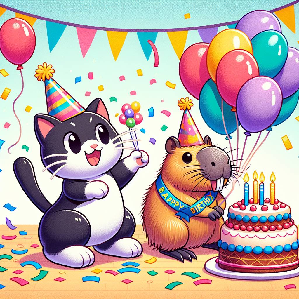 1) Birthday AI Generated Card - Black and white cat , and Capybara  (b338a)